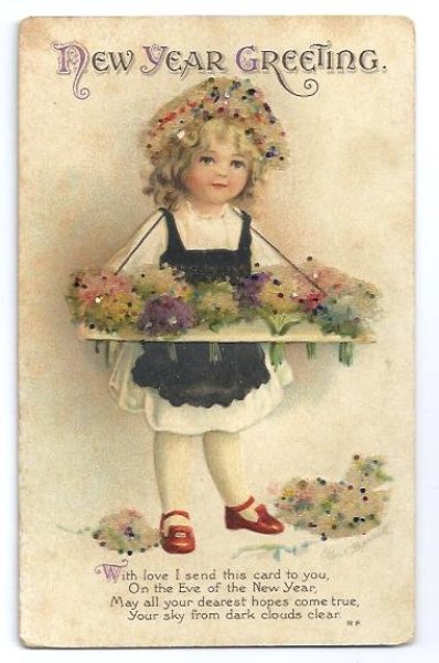 画像1: Postcard　New Year　新年祝い　お花売りの女の子　Ellen Clapsaddle (1)