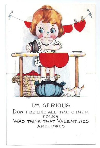 画像1: Postcard  バレンタイン　ハートにアイロンをかける女の子　猫　ダイカット立体　1929年 (1)