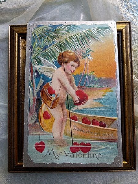 画像2: Postcard  バレンタイン 大漁?ハートを釣る天使 1911年 (2)