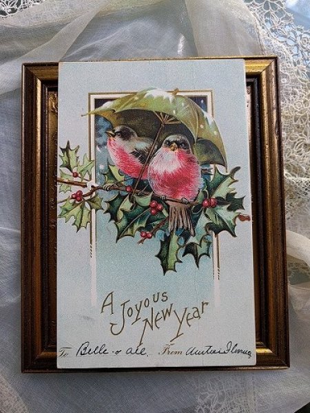 画像2: Postcard  New Year 新年 相合傘の小鳥  ロビン 1909年 (2)