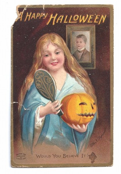 画像1: Postcard  　ハロウィン🎃　女装した男性？　カボチャ　Ellen Clapsaddle 1910年 (1)