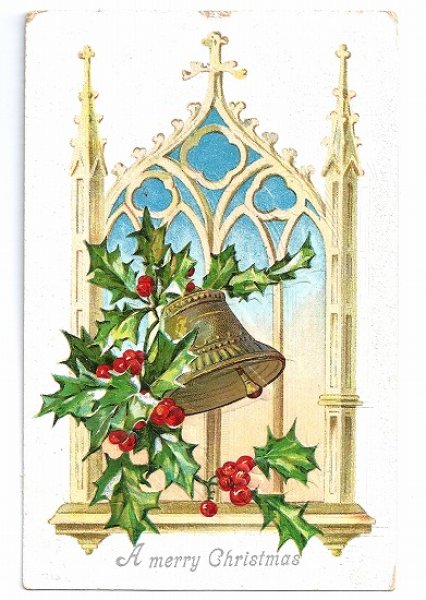 画像1: Postcard 　クリスマス　教会の窓とベル　1909年 (1)