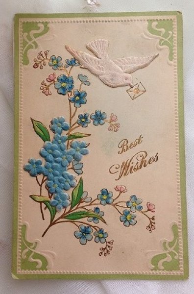 画像1: Postcard　手紙を運ぶ白鳩と忘れな草のお花 (1)