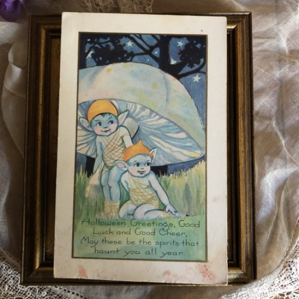 画像2: Postcard  Helloween ハロウィーン キノコと妖精 1922年 (2)