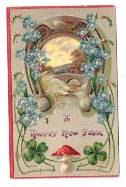 画像1: Postcard  　New Year　新年祝い　キノコ　馬蹄　忘れな草　四葉クローバー (1)