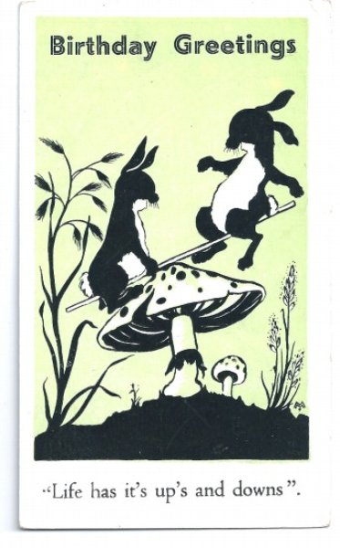 画像1: Postcard  キノコの上でシーソーをするウサギさん　シルエット影絵 (1)
