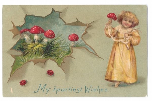 画像1: Postcard 　New Year　新年祝い　キノコと女の子 1908年 (1)