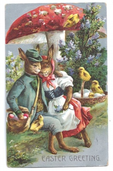 画像1: Postcard Easter　イースター　恋するウサギさん　キノコとヒヨコ　1910年 (1)