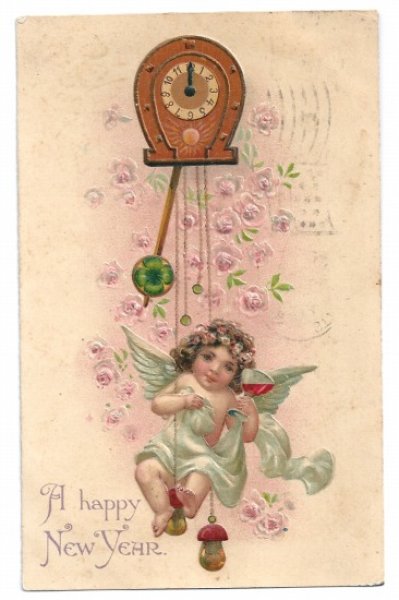 画像1: Postcard 　New Year　新年祝い　天使と時計とキノコ　1907年 (1)