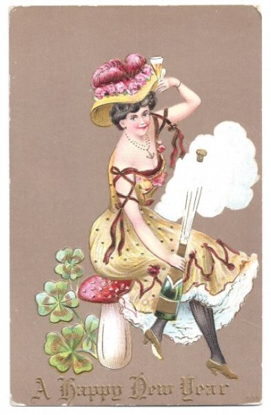 画像1: Postcard 　New Year　新年祝い　キノコに座りシャンパンを開ける女性　未使用 (1)