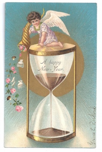 画像1: Postcard 　New Year　新年祝い　砂時計と天使　薔薇　キノコ (1)