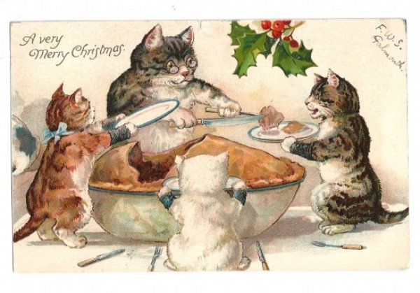画像1: Postcard　クリスマス  Xmas　パイを食べる猫たち　G.H.Thompson 1905年 (1)