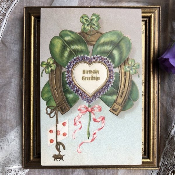 画像2: Postcard ラッキーチャーム 四葉 馬蹄 子豚  未使用 (2)