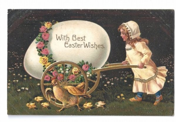 画像1: Postcard  Easter　イースターエッグを運ぶ女の子とヒヨコ　1910年 (1)