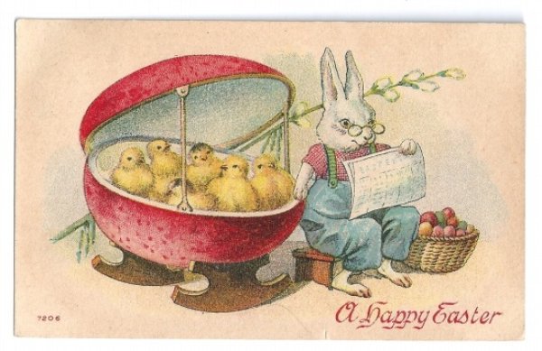 画像1: Postcard  Easter　ウサギのベビーシッターさん　卵のゆりかご (1)