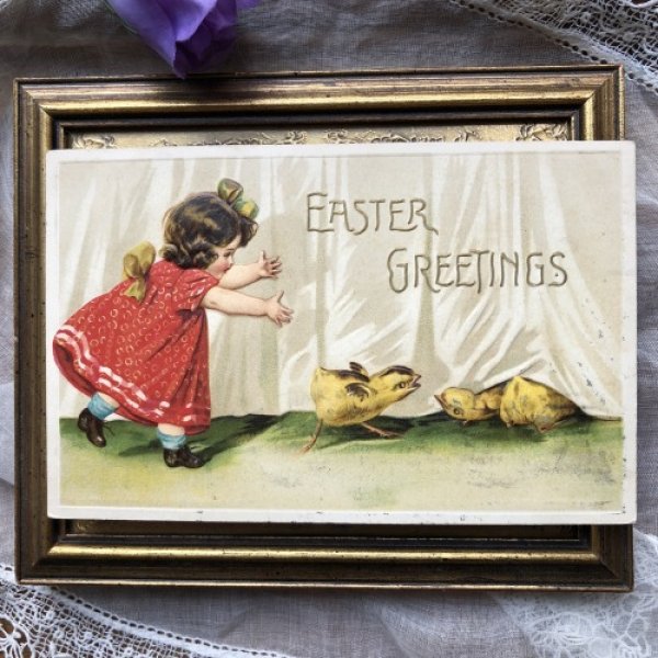 画像2: Postcard  Easter ヒヨコを追いかける女の子 イースター 1910年 (2)