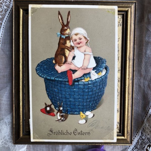 画像2: Postcard  Easter ウサギさんと赤ちゃん Marie Flatscher ドイツ1909年 (2)