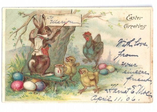 画像1: Postcard  Easter　メッセージを書くウサギさん　ヒヨコとニワトリ　1906年 (1)
