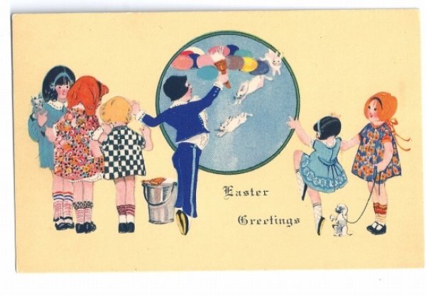 画像1: Postcard　Easter　イースターをお祝いする子どもたち　ウサギ　未使用 (1)