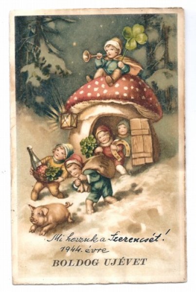 画像1: Postcard 　キノコのお家から出てくる子どもたちと子豚 (1)