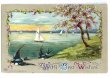 画像1: Postcard  ライラックのお花とツバメと水辺の風景　1911年 (1)