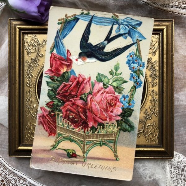 画像2: Postcard  手紙を運ぶツバメ 薔薇と忘れな草のお花かご (2)