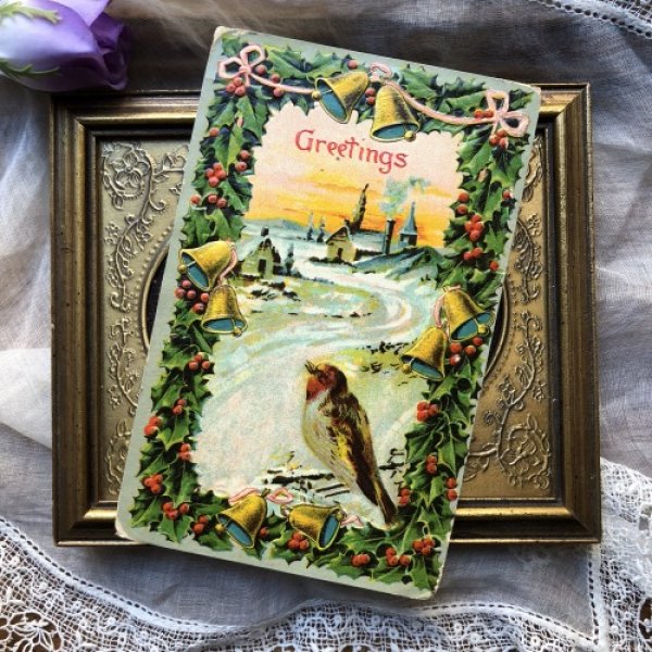 画像2: Postcard  クリスマス 小鳥と冬景色 ベル ホーリー ロビン (2)