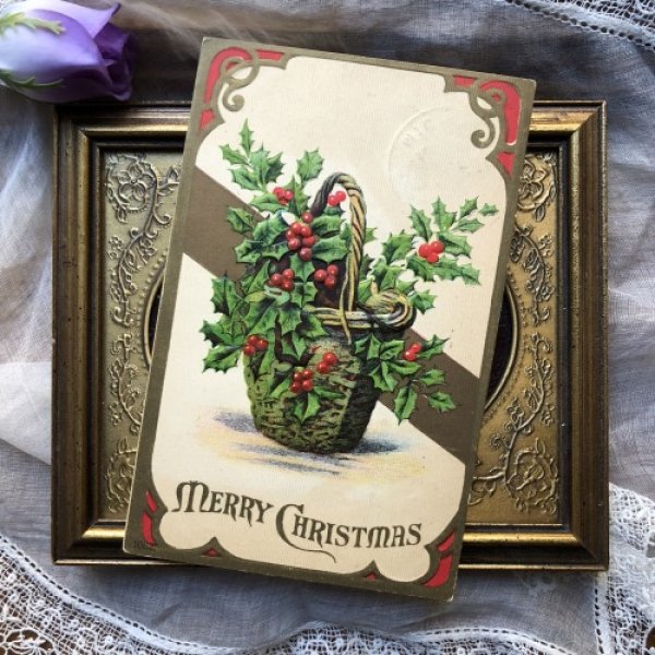 画像2: Postcard  クリスマス ホーリーのバスケット 籠 1910年 (2)