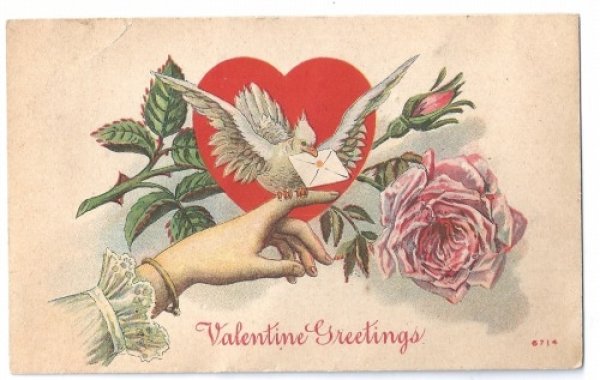 画像1: Postcard　女性の手にとまる伝書鳩　薔薇のお花 (1)