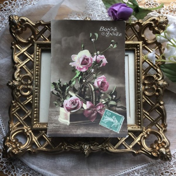 画像2: Postcard Bonne Annee フランス ヤドリギ 薔薇のお花 (2)