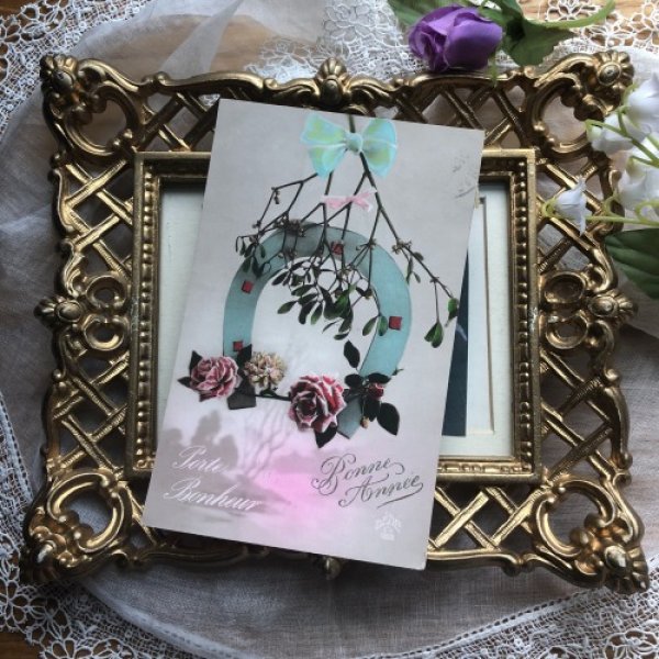 画像2: Postcard Bonne Annee フランス ヤドリギ 薔薇 馬蹄 (2)