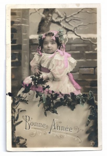 画像1: Postcard　Bonne Annee　フランス　ヤドリギと女の子 (1)