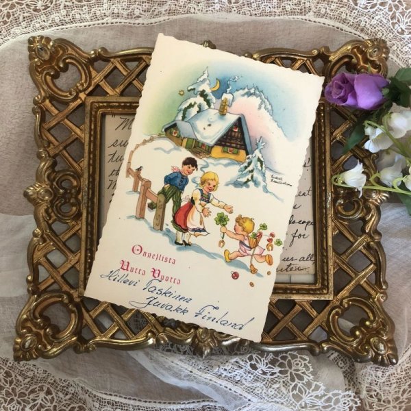 画像2: Postcard ラッキーチャームを運んできた天使 キノコ 馬蹄 四葉 フィンランド1960年 (2)