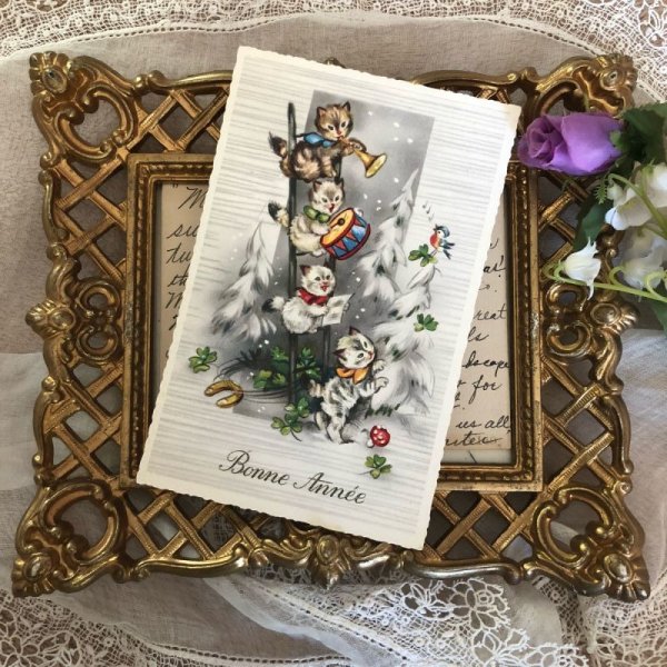 画像2: Postcard   Bonne Annee  子猫と小鳥の音楽隊 キノコ 馬蹄 四葉  (2)