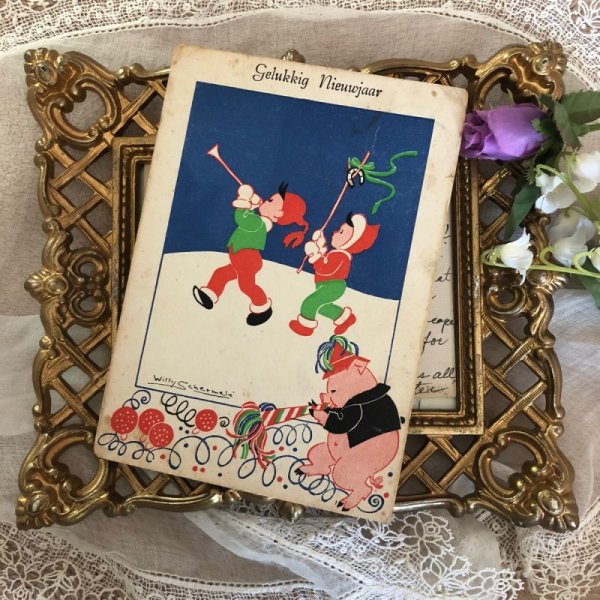 画像2: Postcard　新年を祝う子どもたちと豚さん　キノコ　Willy Schermele (2)