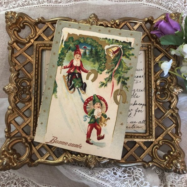 画像2: Postcard  キノコを持つノーム妖精とソリ滑りをするノーム妖精 馬蹄 (2)