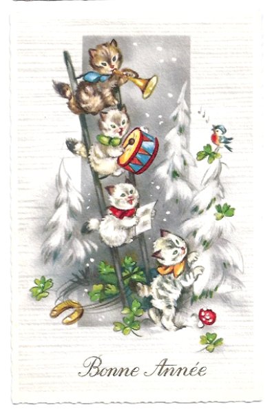 画像1: Postcard  　Bonne Annee 　子猫と小鳥の音楽隊　キノコ　馬蹄　四葉　 (1)