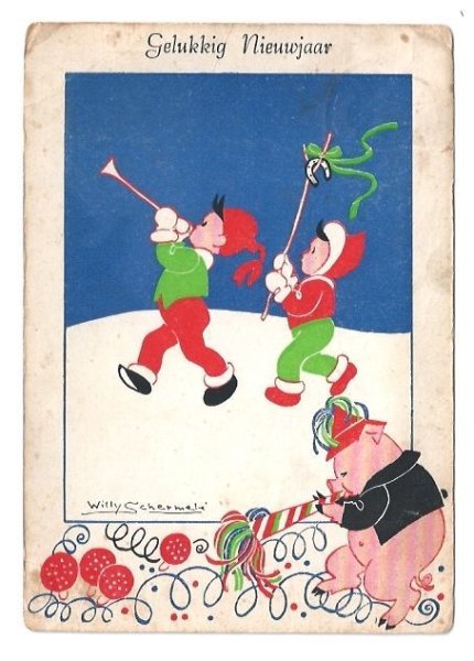 画像1: Postcard　新年を祝う子どもたちと豚さん　キノコ　Willy Schermele (1)