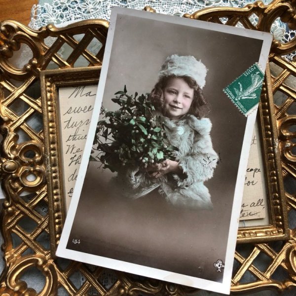 画像2: Postcard ヤドリギと女の子 フランス1908年 (2)