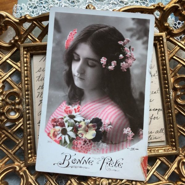 画像2: Postcard お花と女の子 フランス (2)