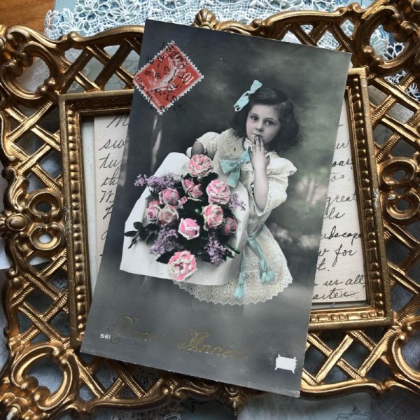 画像2: Postcard 薔薇のお花と女の子 フランス1912年 (2)