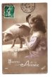 画像1: Postcard　豚さんと女の子 Bonne Annee　フランス1910年 (1)