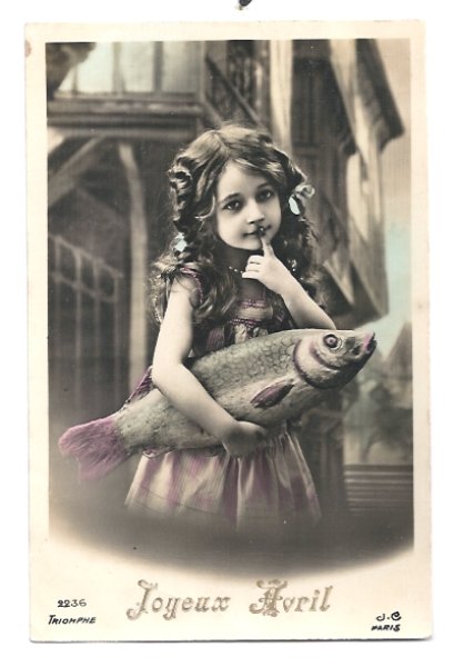 画像1: Postcard　魚を持つ女の子　Joyeux Avril 4月の魚　ポワソンダブリル (1)