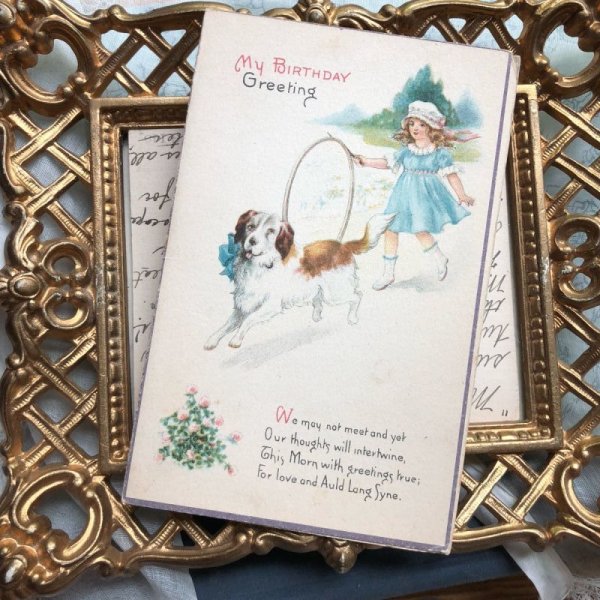 画像2: Vintage Greeting card コールマー(輪転がし)で遊ぶ女の子と犬 (2)