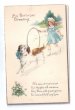 画像1: Vintage Greeting card　コールマー（輪転がし）で遊ぶ女の子と犬 (1)