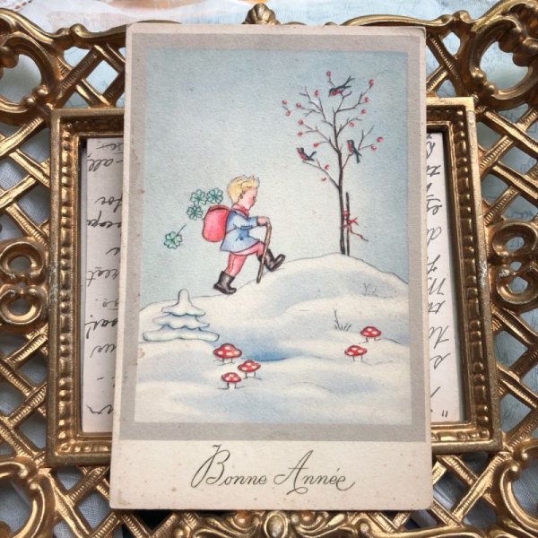 画像2: Postcard New year 新年祝い  雪道を歩く男の子 四葉 キノコ (2)