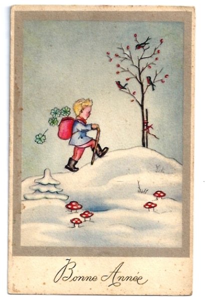 画像1: Postcard　New year 新年祝い  雪道を歩く男の子　四葉　キノコ (1)