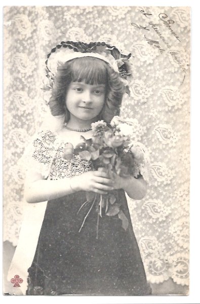 画像1: Postcard　花束と女の子　レース　フランス1904年 (1)