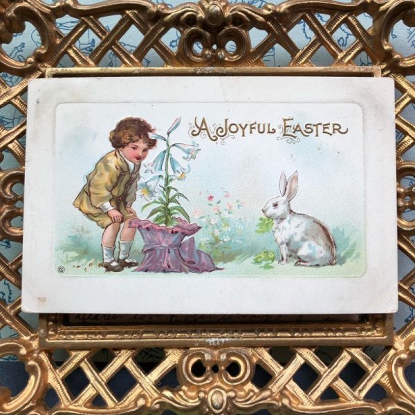 画像2: ▼SALE 500▼ Postcard イースター 白百合のお花を見つめる男の子とウサギさん (2)