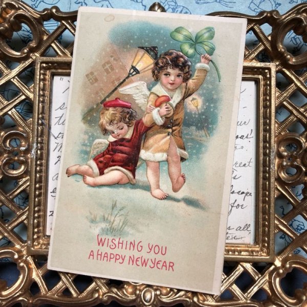 画像2: Postcard New Year 新年祝い キノコと四葉クローバーを持つ天使 1907年 (2)